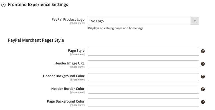 Frontend Experience Settings - PayPal Merchant Pages Style