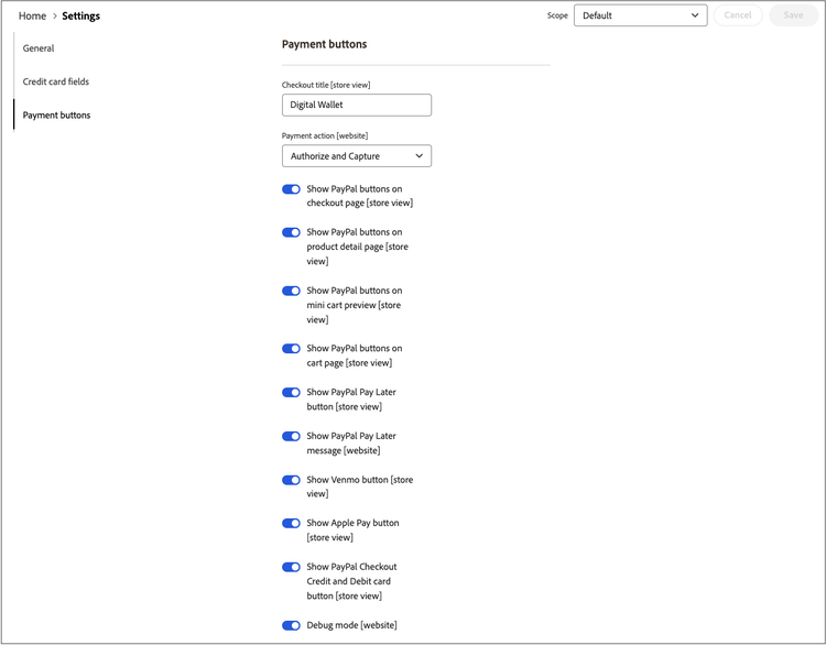 Paypal payment buttons settings