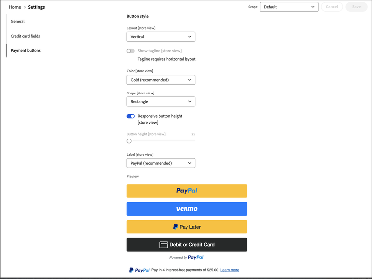 Paypal payment buttons styling settings