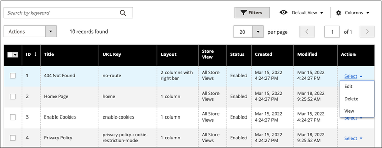 Single page actions