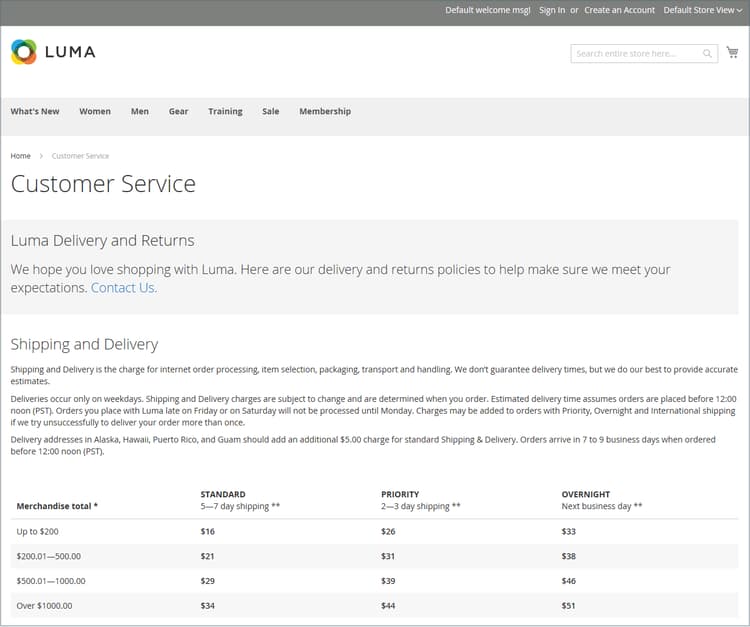 Customer Service page on the storefront