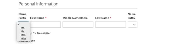 Prefix in customer sign up form