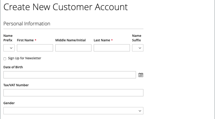 Customer Account sign up form