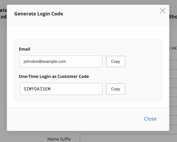 Generated OTC displayed in the modal