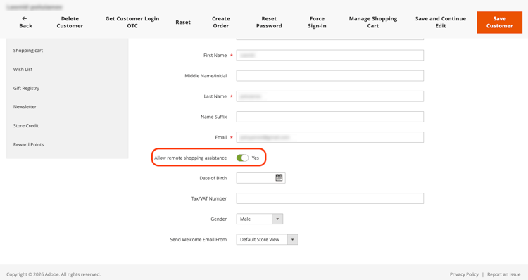 Customer consent extension attribute configuration on the Edit Customer page