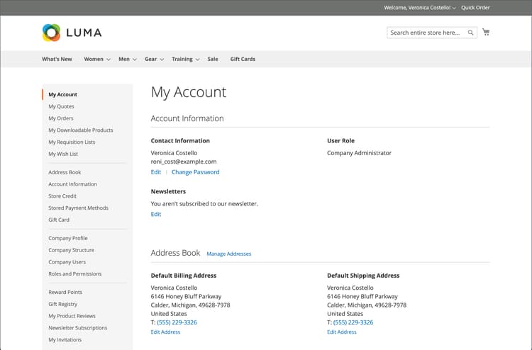 Company account dashboard on the storefront