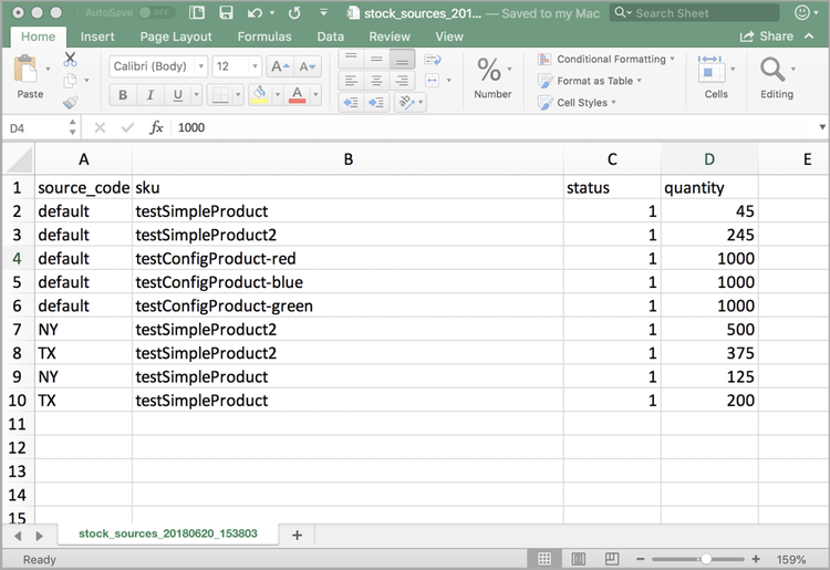 Example CSV file for import - export inventory data