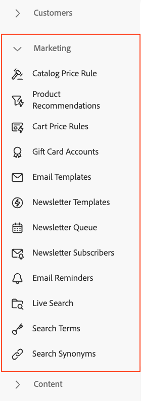 Commerce Admin - Marketing menu