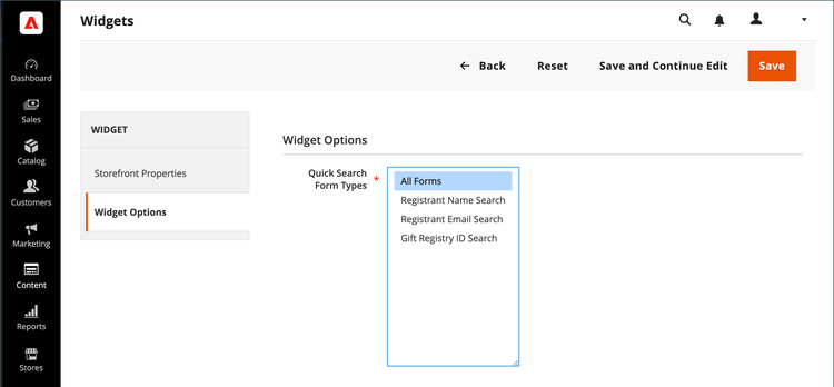 Gift registry - widget options