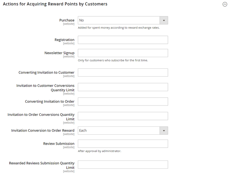 Customers configuration - actions for acquiring reward points by customer