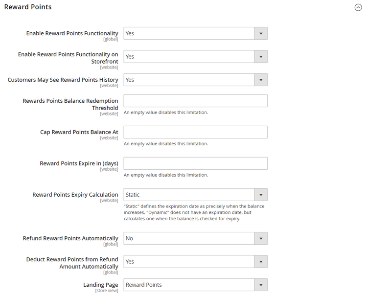 Customers configuration - reward points