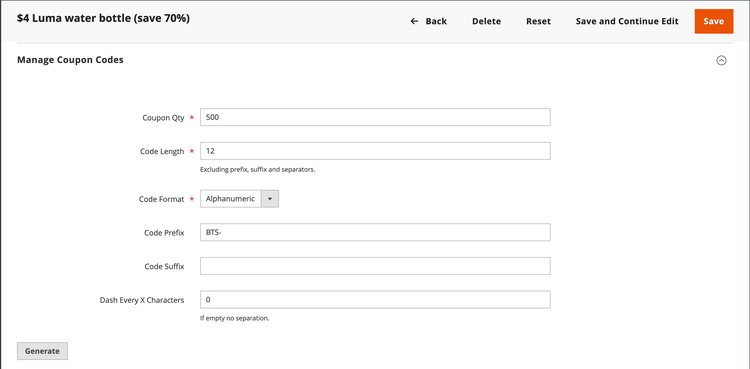 Cart price rule - manage coupon codes