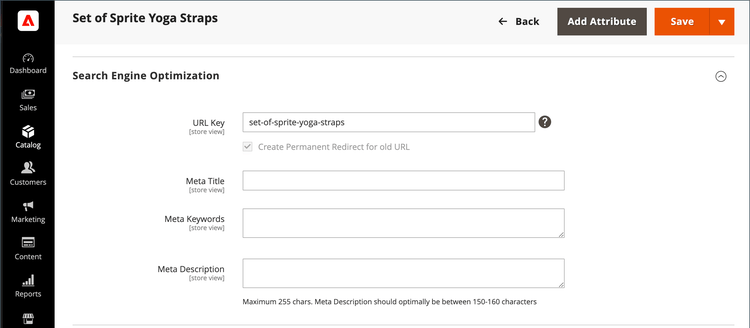 Product settings - search engine optimization