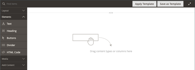 Page Builder panel with Element content types