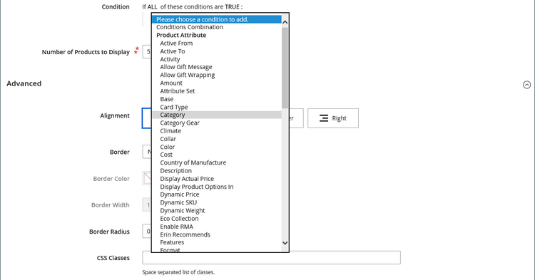 Choosing the category attribute for the condition