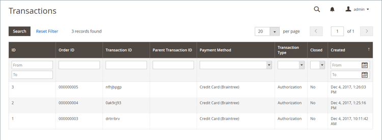 Transactions grid