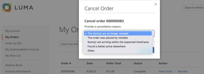 Cancel order reasons