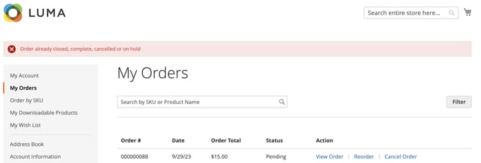 Cancel order error message