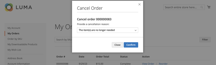 Cancel on the My Order page