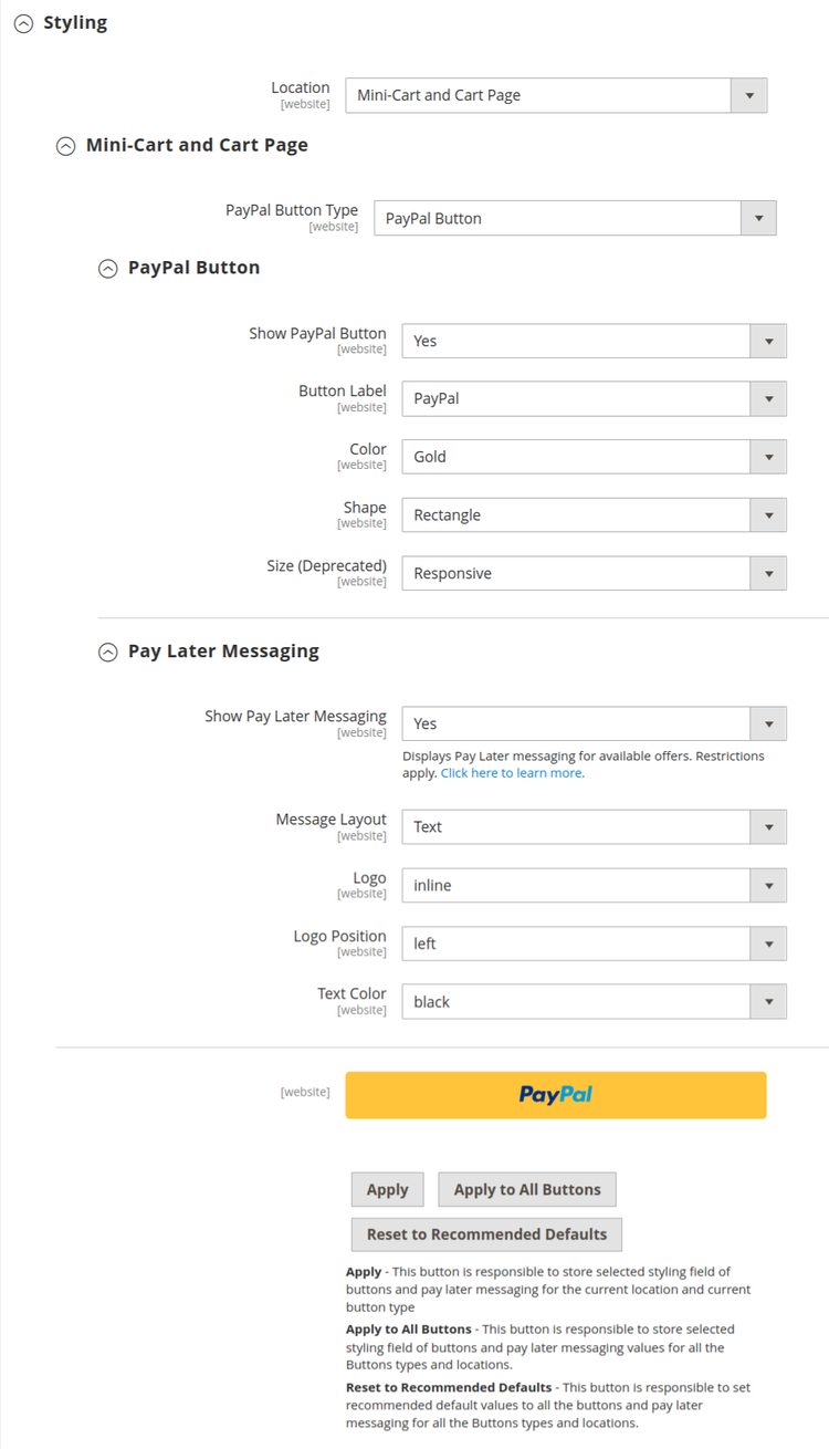 PayPal Styling settings