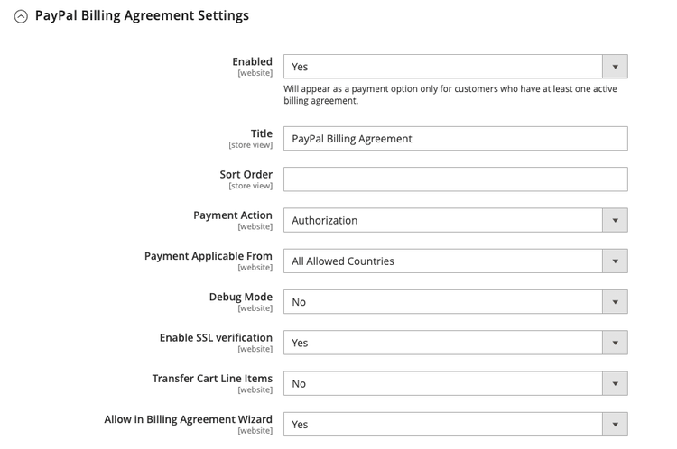 Billing Agreement Settings
