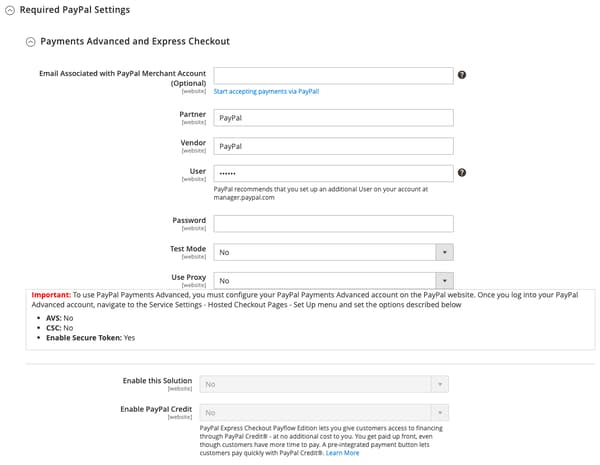 Advanced Required Settings - PayPal Payments Advanced