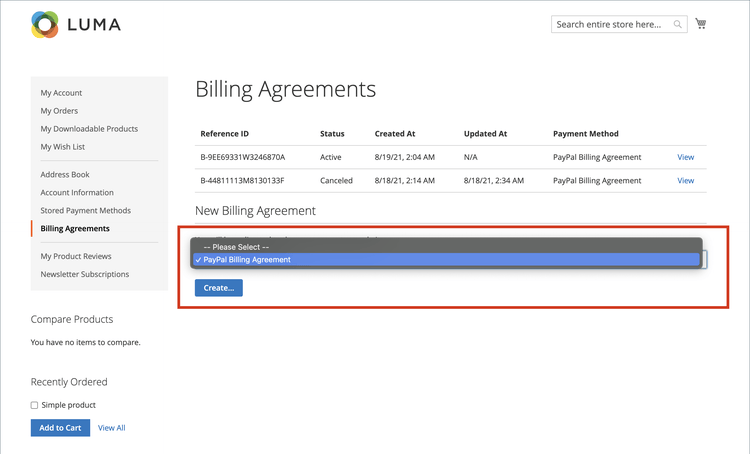 New billing agreement in the customer account dashboard