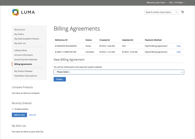 Billing agreements list in the customer's dashboard
