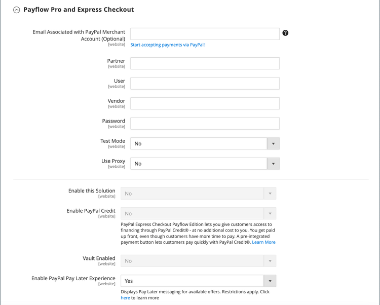 Required Settings - PayPal Payflow Pro