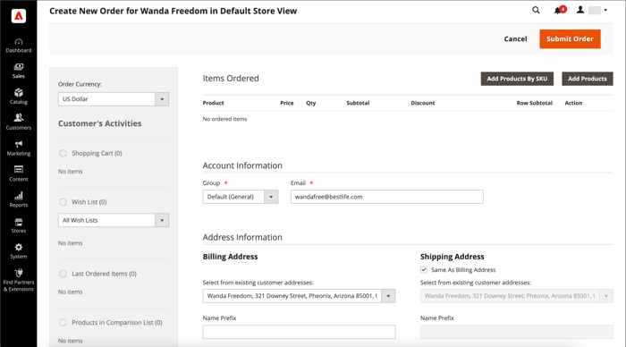 Create an order for a customer