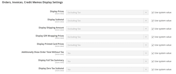 Orders, invoices, credit memos display settings