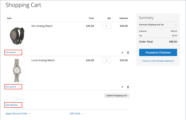 Example storefront - Gift options in shopping cart