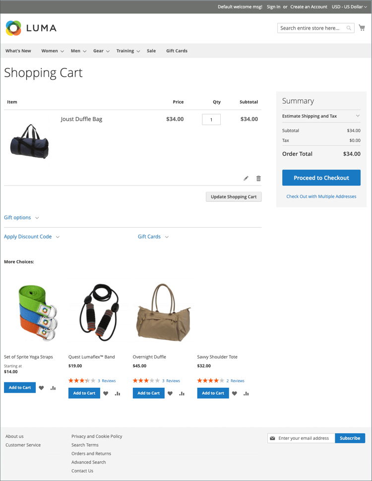 The shopping cart page displays tools the shopper can use to manage the products for their order