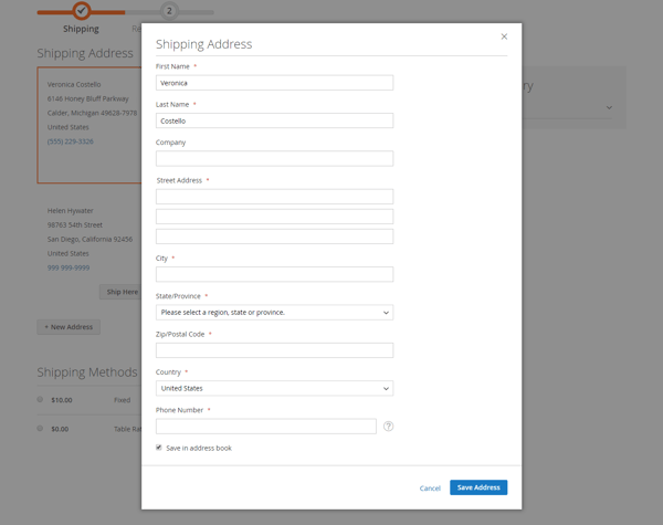 Shipping Address form includes name and address information