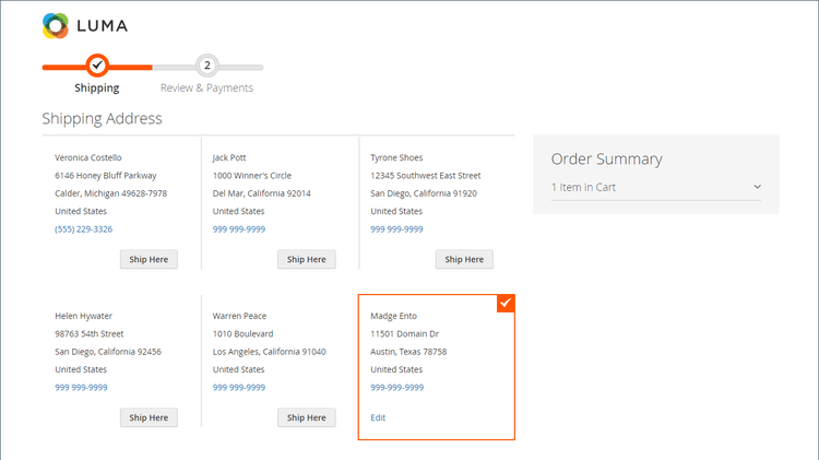 The saved address is automatically selected in the Shipping page