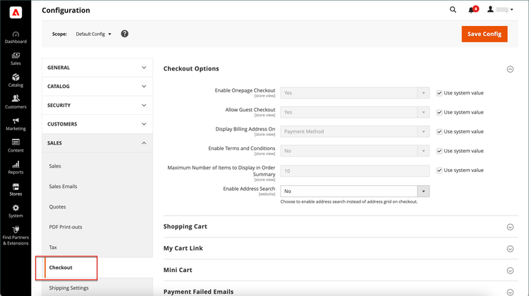 Checkout options expanded on the configuration page