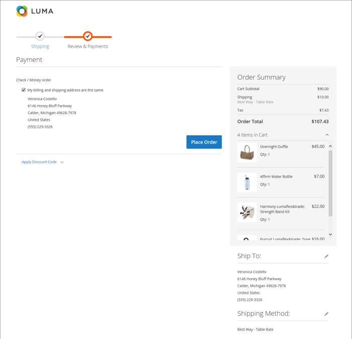 Review and payment page during checkout