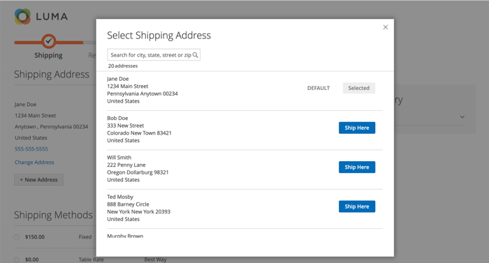 Checkout with saved shipping addresses displayed