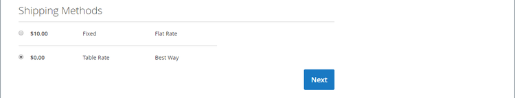 Shipping page displays shipping method options