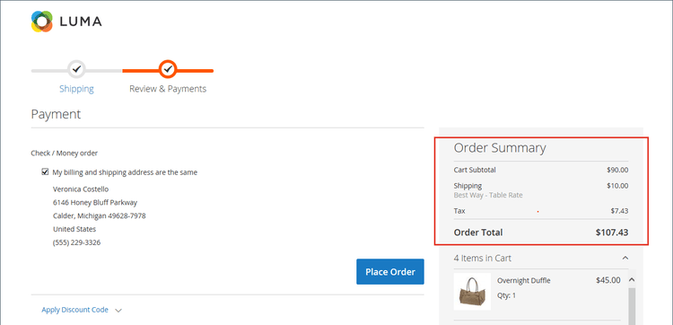 Order Summary displays the checkout total