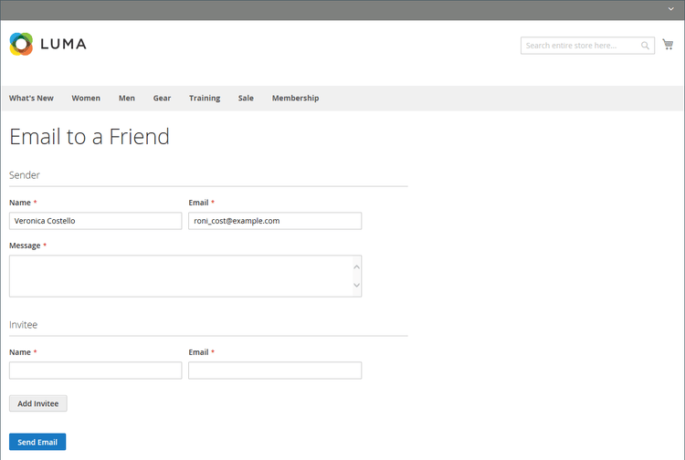 Example storefront - email to a friend