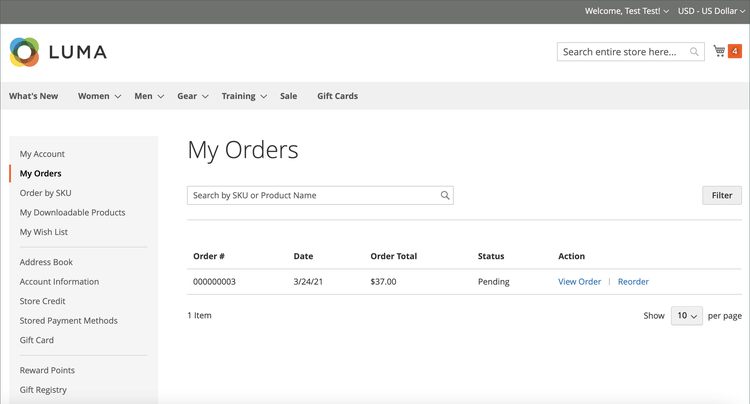 Example storefront - My Orders page