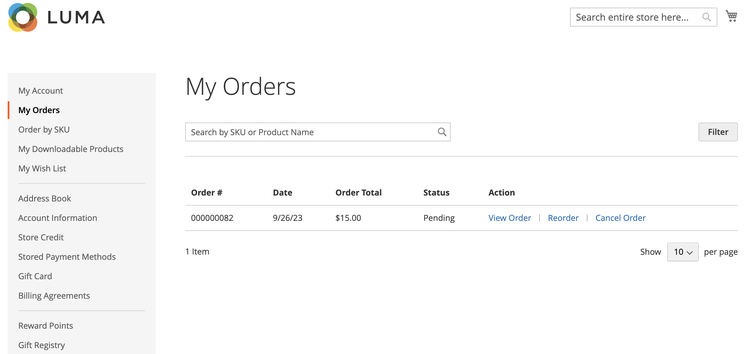 Example storefront - My Orders page