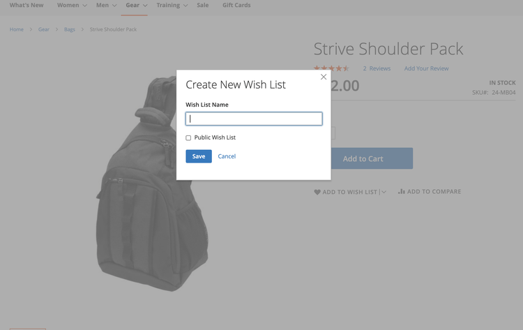 Create New Wish List from the Product Detail page