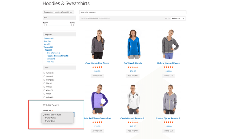 Example storefront - wish list search