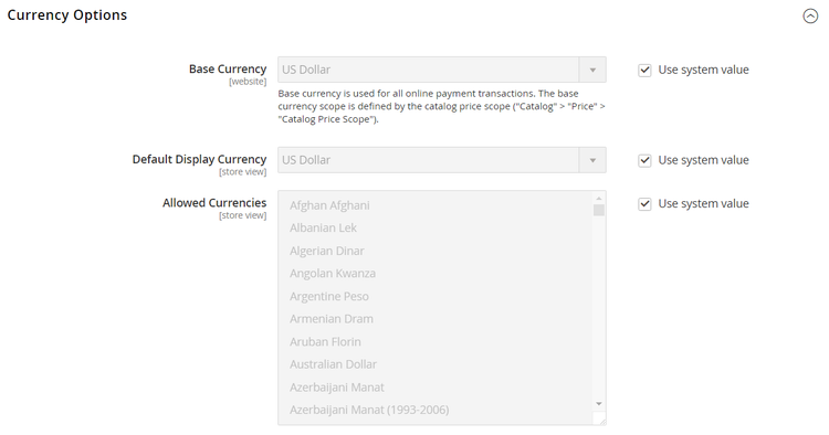 General configuration - currency options