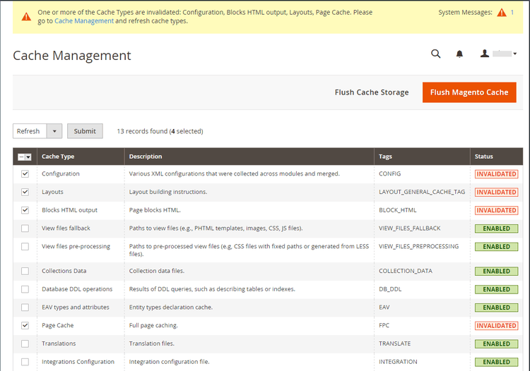 System message - refresh the invalid cache