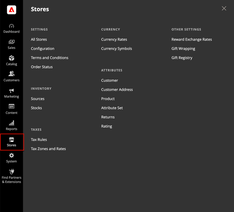 Admin - Stores menu