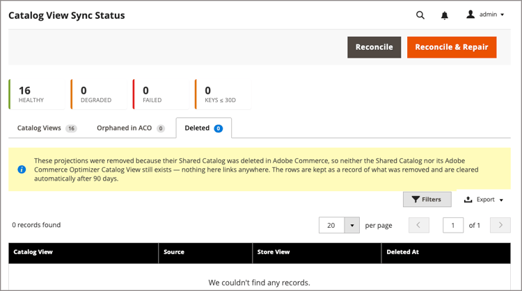 Deleted tab listing catalog view projections removed after their shared catalog was deleted