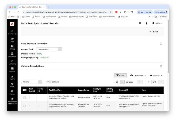 Data Feed Sync Status - Details page with feed item status reporting